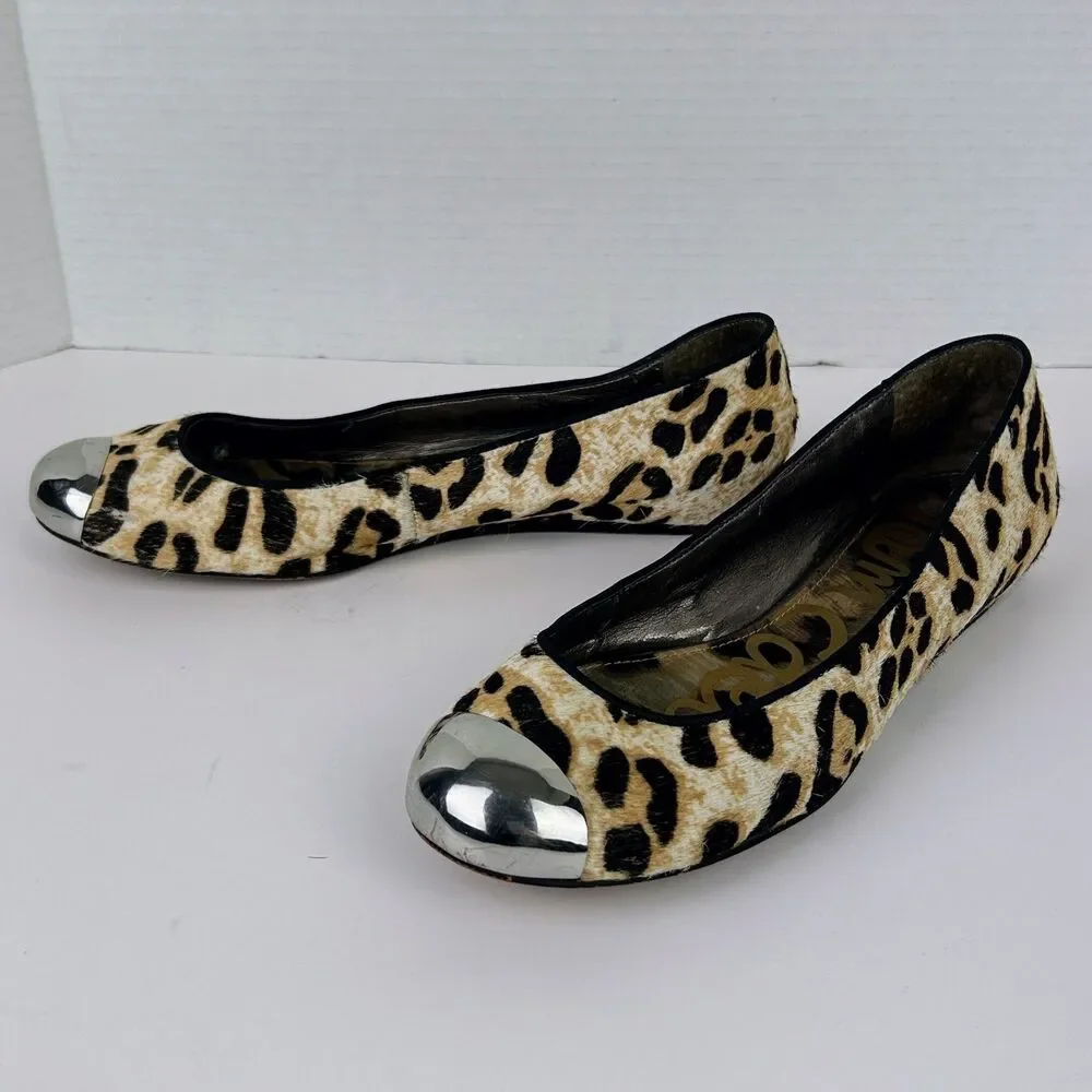 Sam Edelman Jordie Leopard Ballet Flats Calf Hair Leather Silver Cap Toe Shoes 8